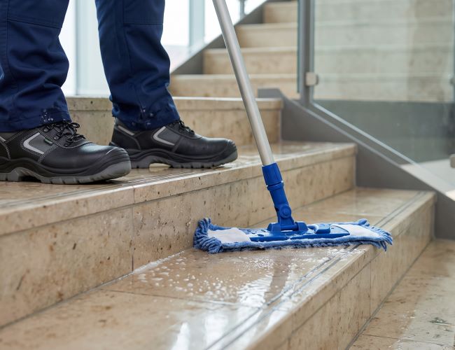 Professionelle Reinigungskraft wischt Treppe nass mit Mopp und Schaum in modernem Gebäude mit Steinstufen und Metallgeländer.